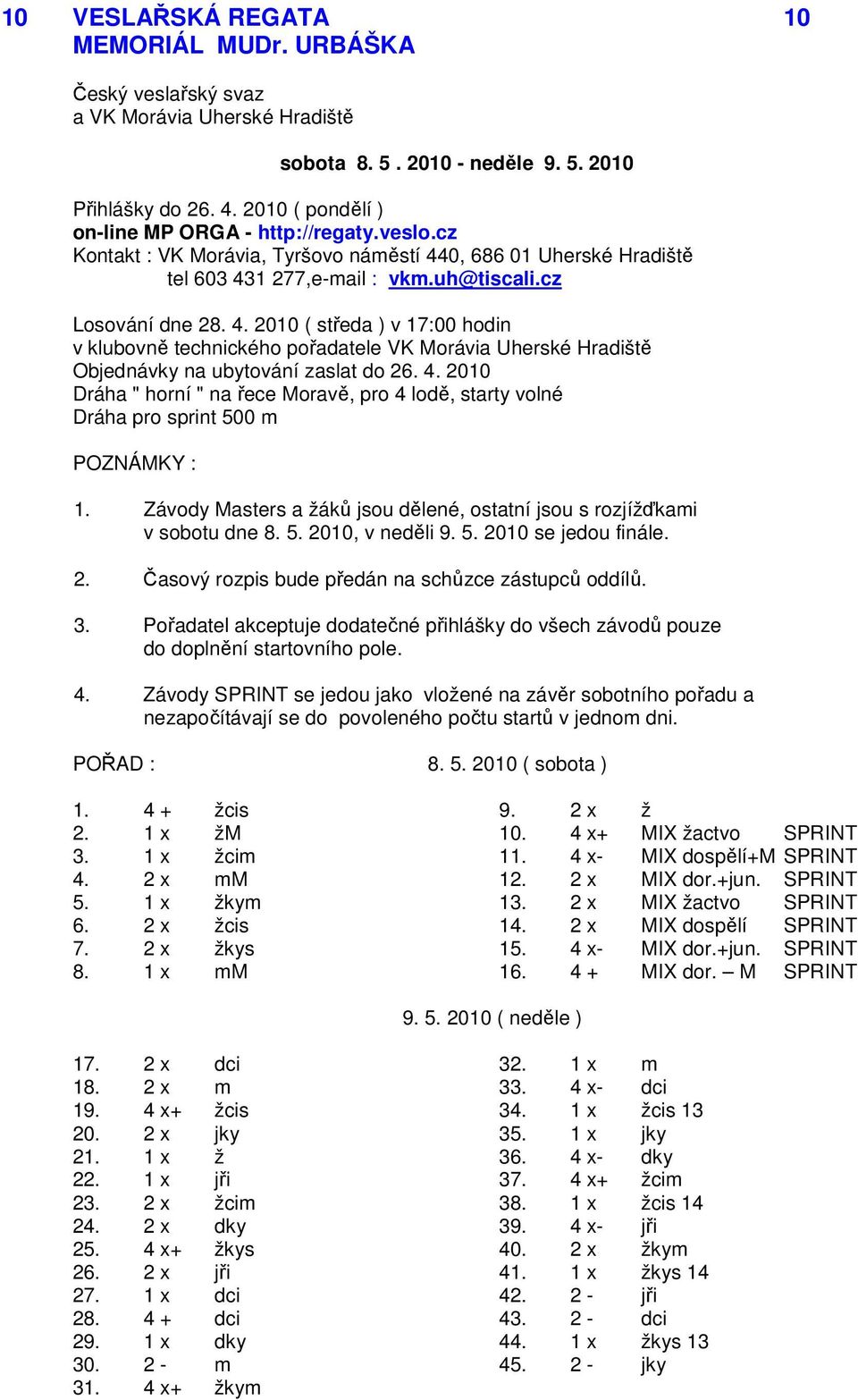 4. 2010 Dráha " horní " na řece Moravě, pro 4 lodě, starty volné Dráha pro sprint 500 m 1. Závody Masters a žáků jsou dělené, ostatní jsou s rozjížďkami v sobotu dne 8. 5. 2010, v neděli 9. 5. 2010 se jedou finále.