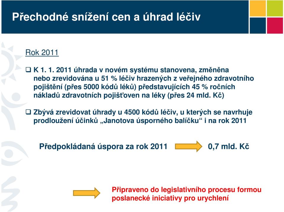 5000 kódů léků) představujících 45 % ročních nákladů zdravotních pojišťoven na léky (přes 24 mld.