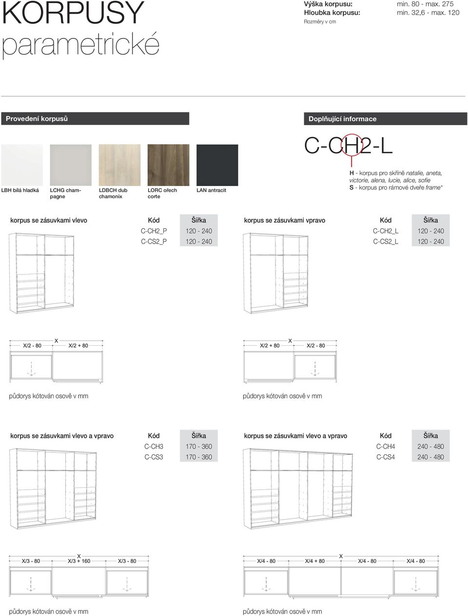 victorie, alena, lucie, alice, sofie S - korpus pro rámové dveře frame* korpus se zásuvkami vlevo Kód Šířka korpus se zásuvkami vpravo Kód Šířka C-CH2_P 120-240 C-CH2_L 120-240