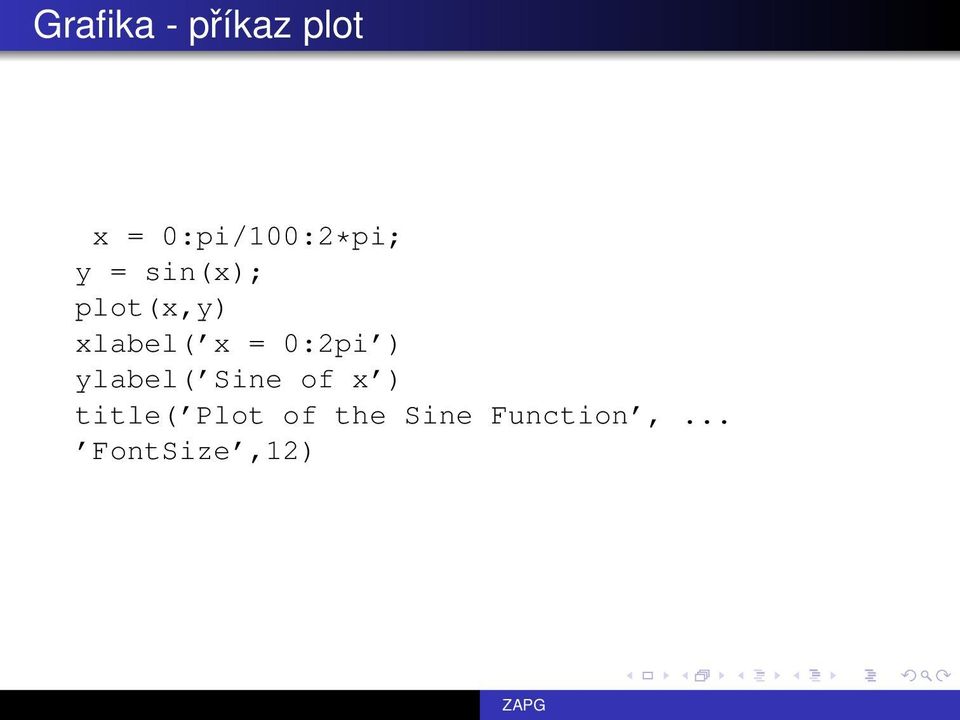 xlabel( x = 0:2pi ) ylabel( Sine of x