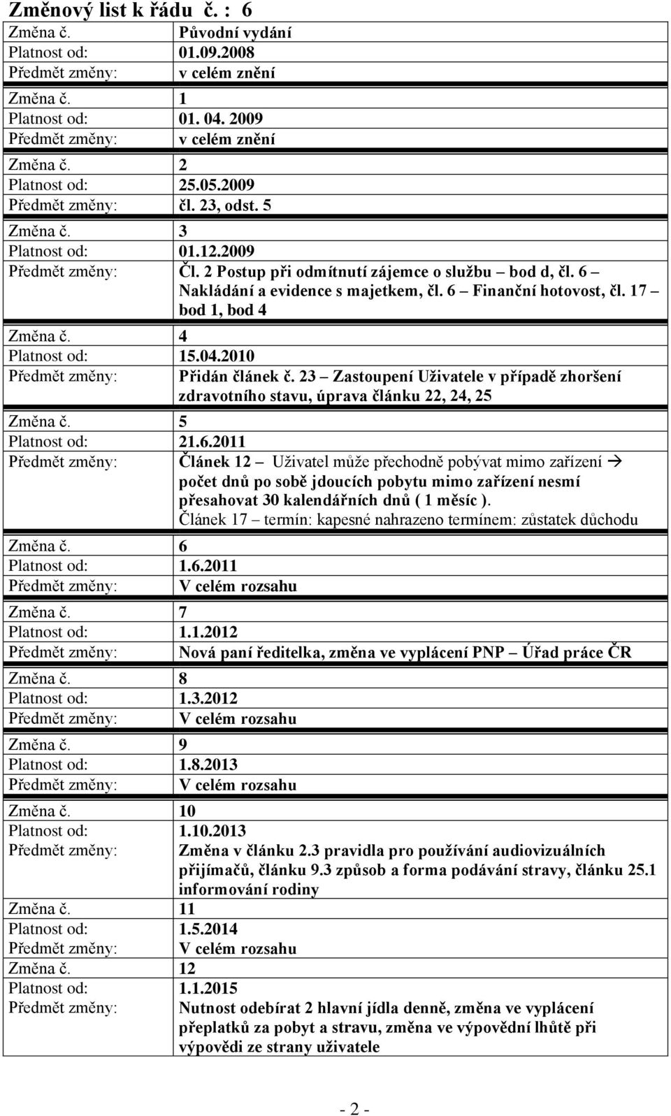 6 Finanční hotovost, čl. 17 bod 1, bod 4 Změna č. 4 Platnost od: 15.04.2010 Předmět změny: Přidán článek č.