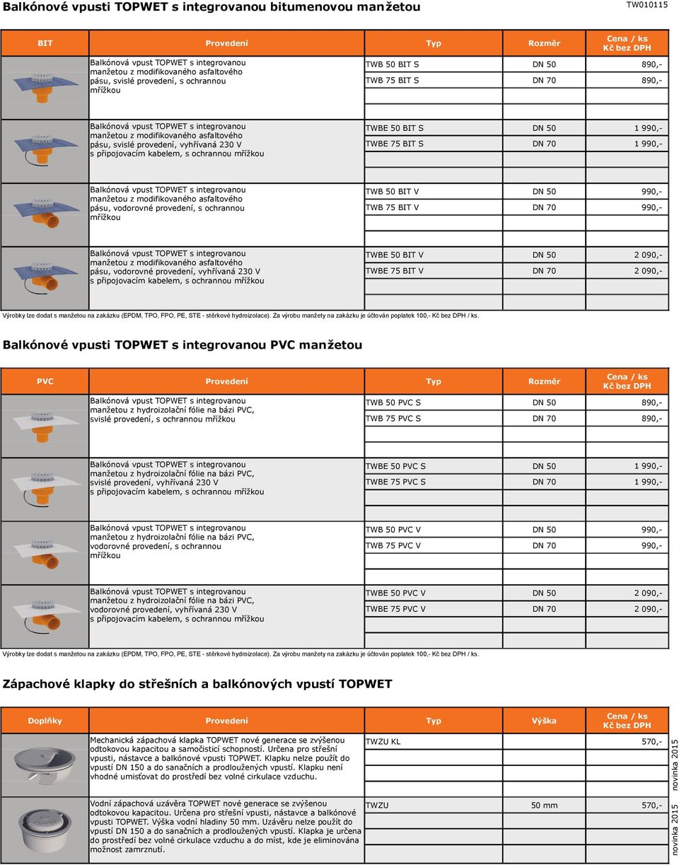 manžetou z modifikovaného asfaltového pásu, vodorovné provedení, s ochrannou mřížkou TWB 50 BIT V DN 50 990,- TWB 75 BIT V DN 70 990,- manžetou z modifikovaného asfaltového pásu, vodorovné provedení,