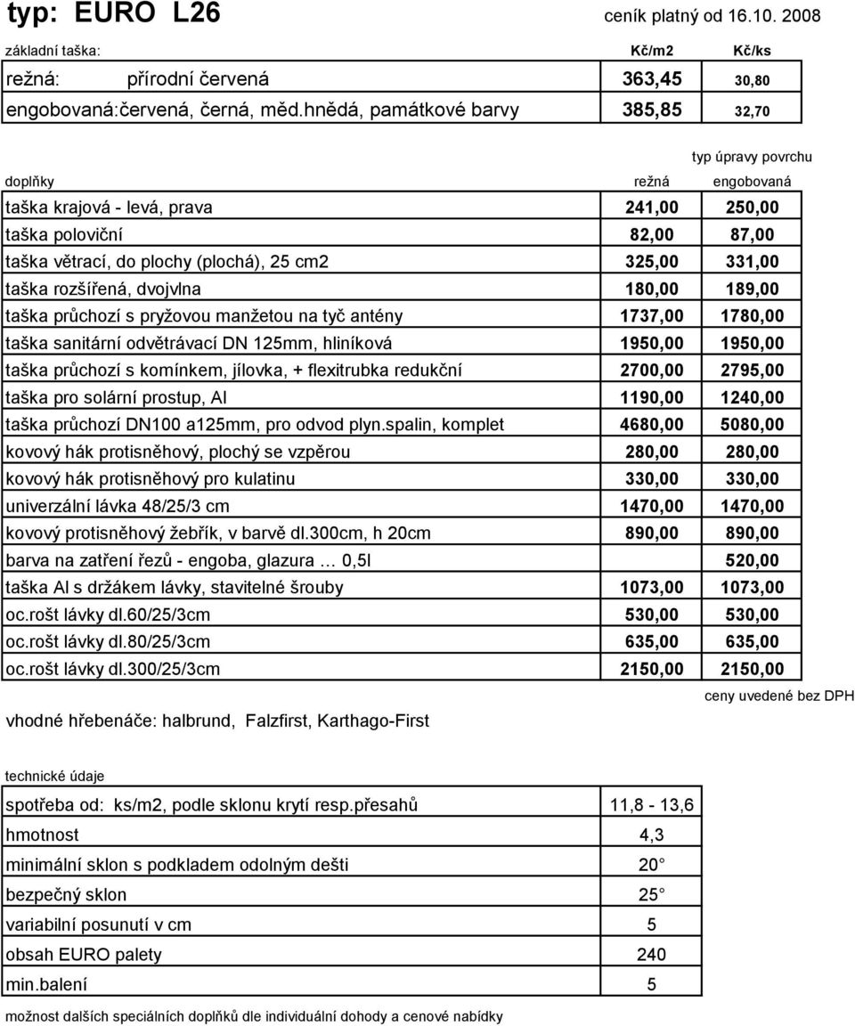 rozšířená, dvojvlna 180,00 189,00 taška průchozí s pryžovou manžetou na tyč antény 1737,00 1780,00 taška sanitární odvětrávací DN 125mm, hliníková 1950,00 1950,00 taška průchozí s komínkem, jílovka,