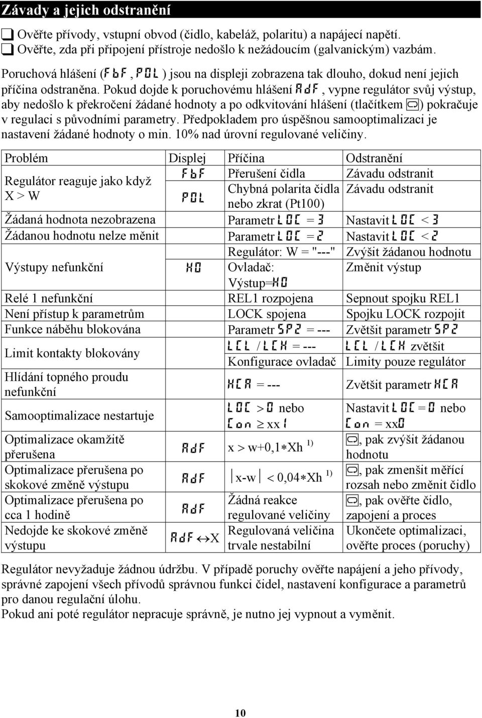 Pokud dojde k poruchovému hlášení AdF, vypne regulátor svůj výstup, aby nedošlo k překročení žádané hodnoty a po odkvitování hlášení (tlačítkem M) pokračuje v regulaci s původními parametry.