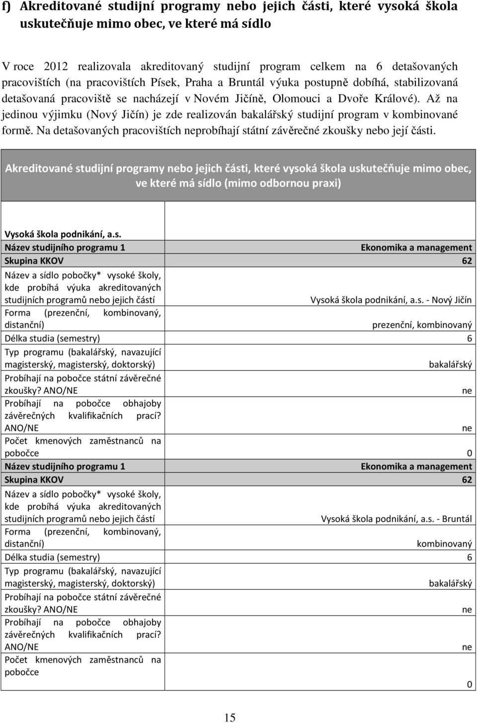 Až na jedinou výjimku (Nový Jičín) je zde realizován bakalářský studijní program v kombinované formě. Na detašovaných pracovištích neprobíhají státní závěrečné zkoušky nebo její části.