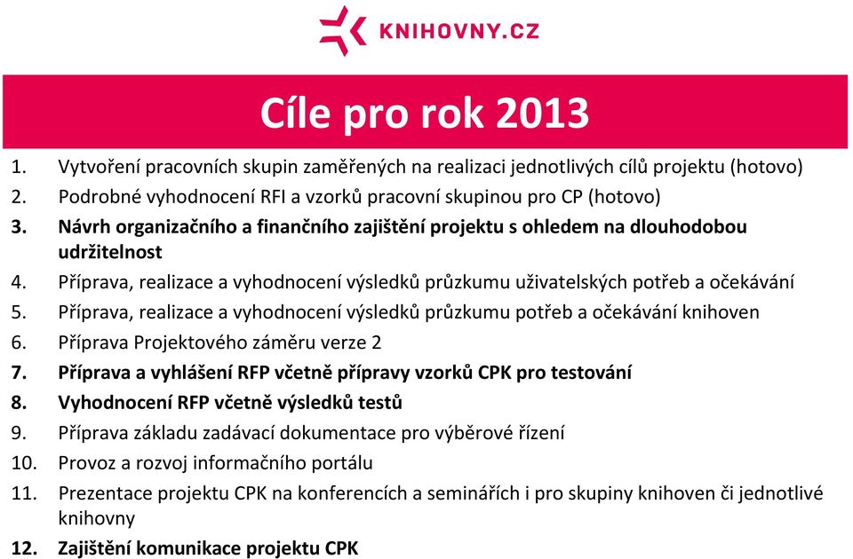 Příprava, realizace a vyhodnocení výsledků průzkumu potřeb a očekávání knihoven 6. Příprava Projektového záměru verze 2 7. Příprava a vyhlášení RFP včetně přípravy vzorků CPK pro testování 8.