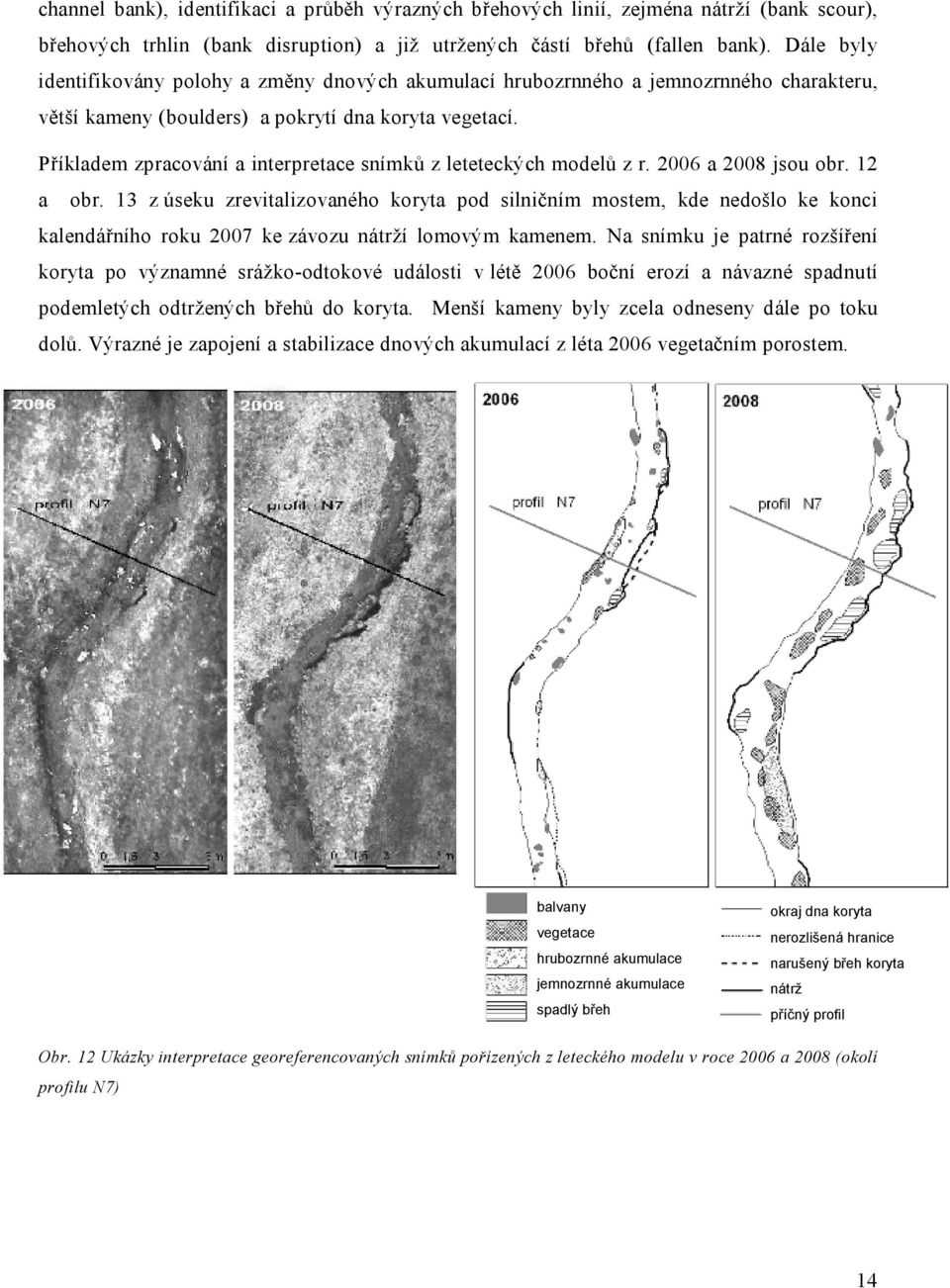 Příkladem zpracování a interpretace snímků z leteteckých modelů z r. 2006 a 2008 jsou obr. 12 a obr.