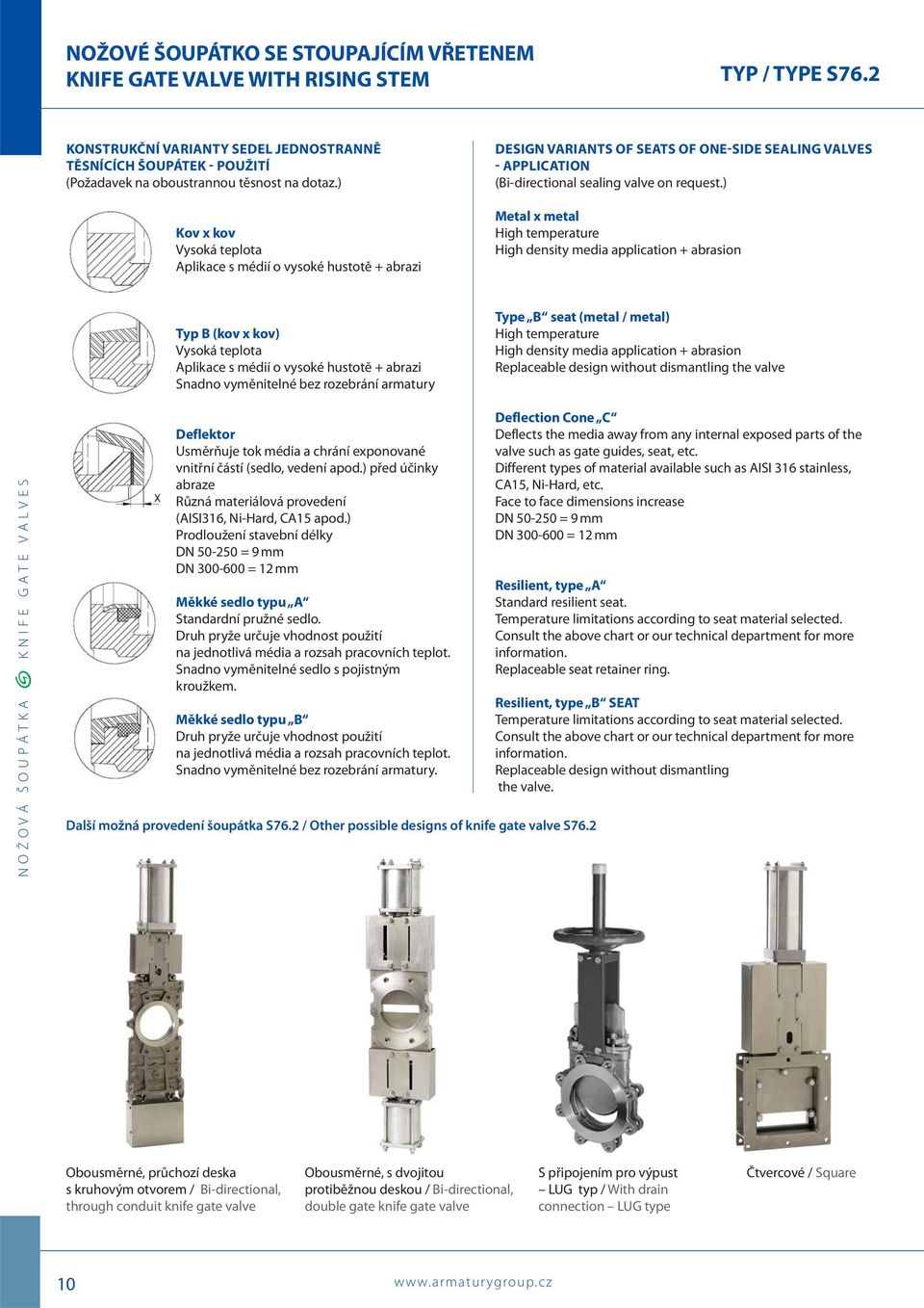 ) Kov x kov Vysoká teplota Aplikace s médií o vysoké hustotě + abrazi DESIGN VARIANTS OF SEATS OF ONE-SIDE SEALING VALVES - APPLICATION (Bi-directional sealing valve on request.