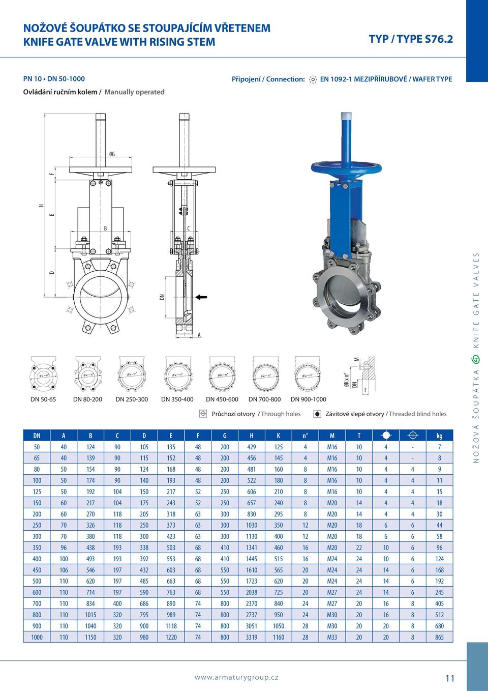 700-800 DN 900-1000 Průchozí otvory / Through holes Závitové slepé otvory / Threaded blind holes DN A B C D E F G H K n M T kg 50 40 124 90 105 135 48 200 429 125 4 M16 10 4-7 65 40 139 90 115 152 48