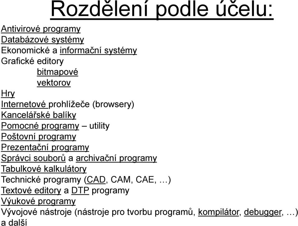 Prezentační programy Správci souborů a archivační programy Tabulkové kalkulátory Technické programy (CAD, CAM, CAE, )