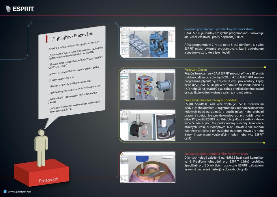 _Automatické rozpoznávání prvků děr, kontur a kapes _Jednoduché uložení a opětovné použití operací pomocí Drag & Drop Výkonné pogramování pro všechny frézovací stroje CAM ESPRIT je snadný pro rychlé