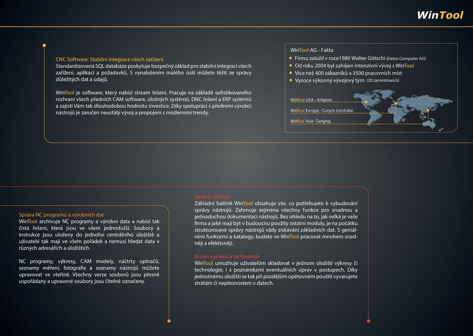 Pracuje na základě sofistikovaného rozhraní všech předních CAM software, úložných systémů, DNC řešení a ERP systémů a zajistí Vám tak dlouhodobou hodnotu investice.