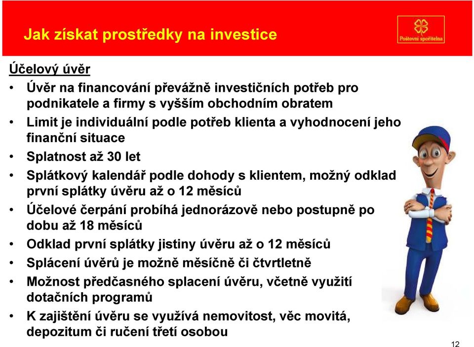 úvěru až o 12 měsíců Účelové čerpání probíhá jednorázově nebo postupně po dobu až 18 měsíců Odklad první splátky jistiny úvěru až o 12 měsíců Splácení úvěrů je možně