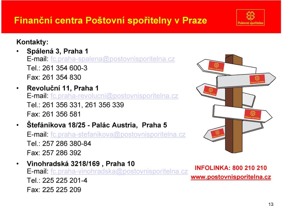 : 261 356 331, 261 356 339 Fax: 261 356 581 Štefánikova 18/25 - Palác Austria, Praha 5 E-mail: fc.praha-stefanikova@postovnisporitelna.cz Tel.