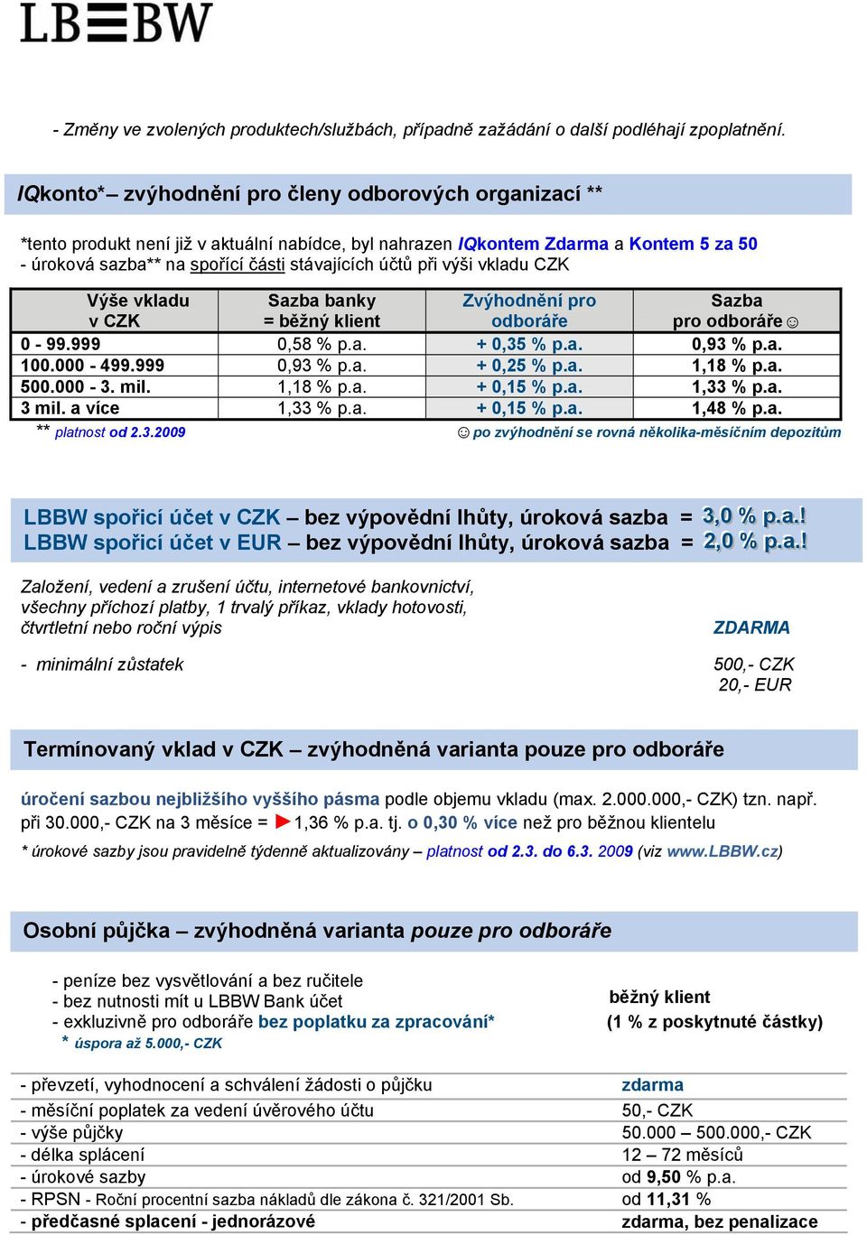 při výši vkladu CZK Výše vkladu v CZK Sazba banky = běžný klient Zvýhodnění pro odboráře Sazba pro odboráře 0-99.999 0,58 % p.a. + 0,35 % p.a. 0,93 % p.a. 100.000-499.999 0,93 % p.a. + 0,25 % p.a. 1,18 % p.