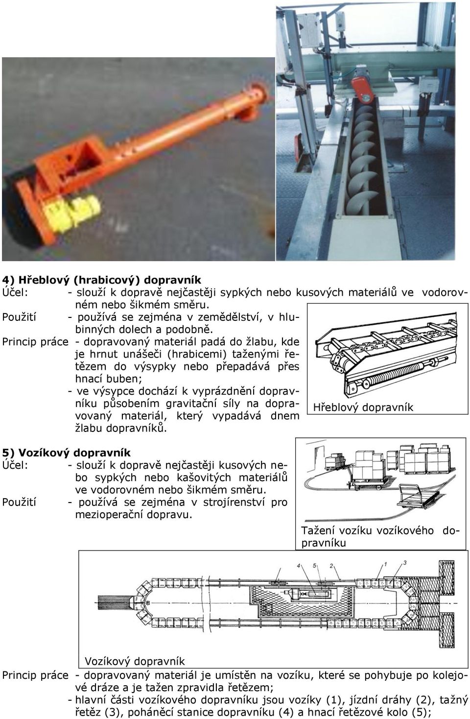 Princip práce - dopravovaný ateriál padá do žlabu, kde je hrnut unášeči (hrabicei) taženýi řetěze do výsypky nebo přepadává přes hnací buben; - ve výsypce dochází k vyprázdnění dopravníku působení