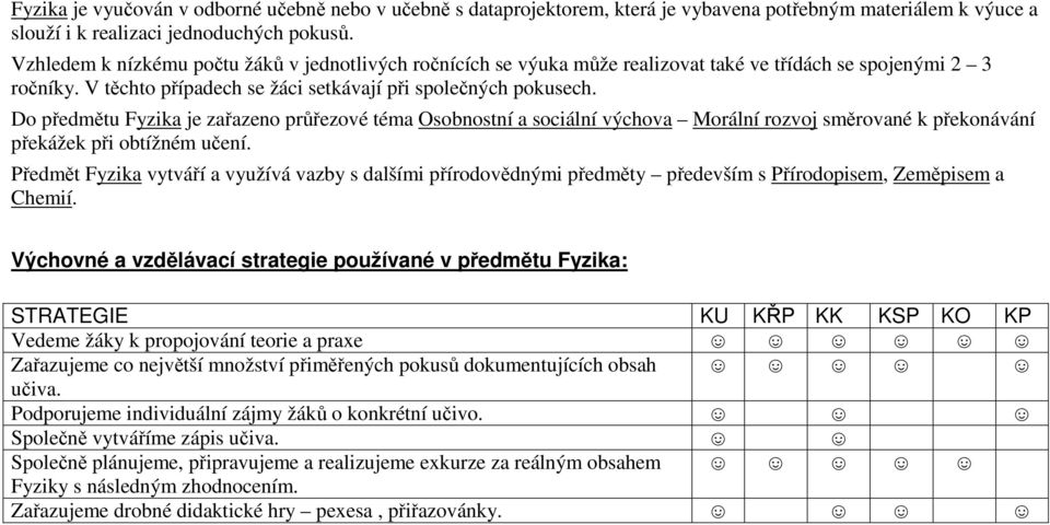 Do předmětu Fyzika je zařazeno průřezové téma Osobnostní a sociální výchova Morální rozvoj směrované k překonávání překážek při obtížném učení.