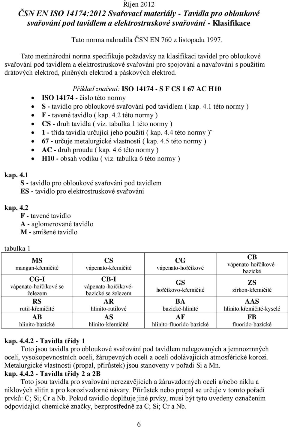 plněných elektrod a páskových elektrod. Příklad značení: ISO 14174 - S F CS 1 67 AC H10 ISO 14174 - číslo této normy S - tavidlo pro obloukové svařování pod tavidlem ( kap. 4.