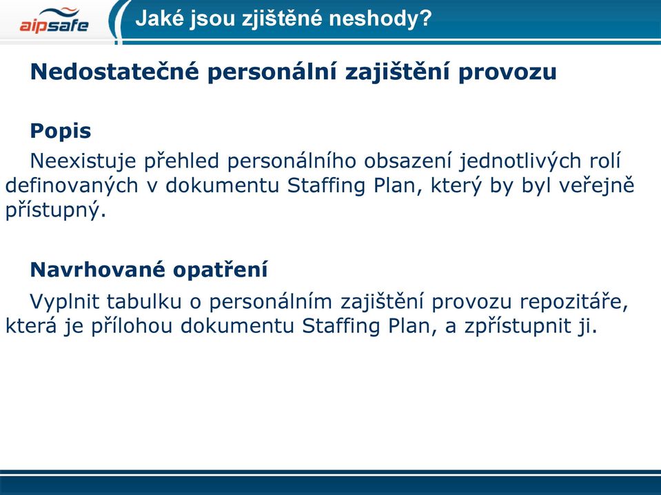 obsazení jednotlivých rolí definovaných v dokumentu Staffing Plan, který by byl