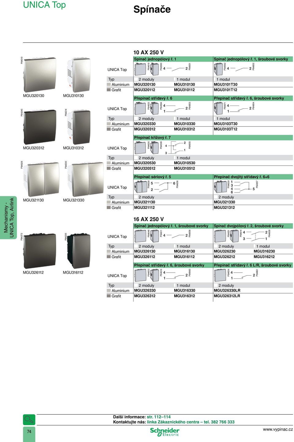 6 P84623 P84594 1 modul 1 modul Aluminium MGU320330 MGU310330 MGU3103T30 Grafi t MGU320312 MGU310312 MGU3103T12 Přepínač křížový ř.