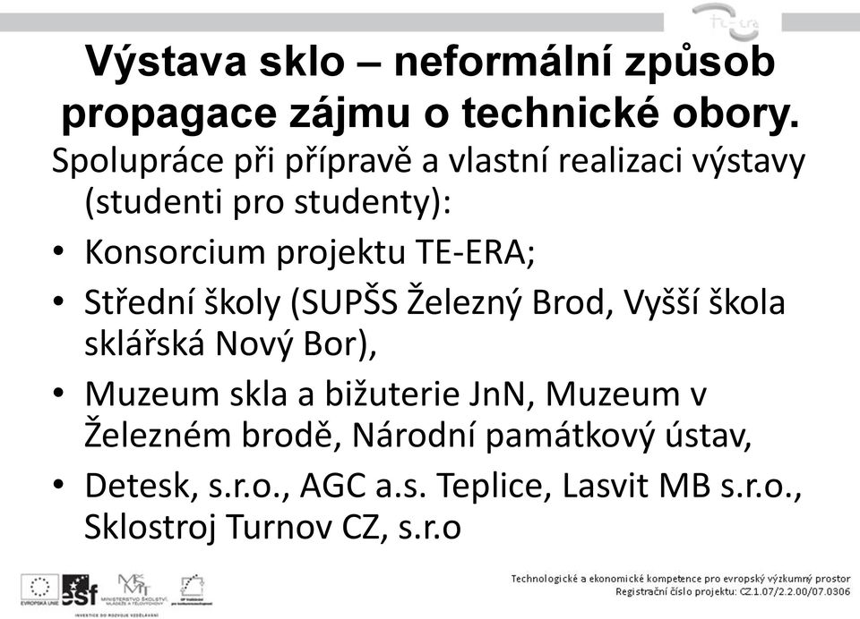TE-ERA; Střední školy (SUPŠS Železný Brod, Vyšší škola sklářská Nový Bor), Muzeum skla a bižuterie