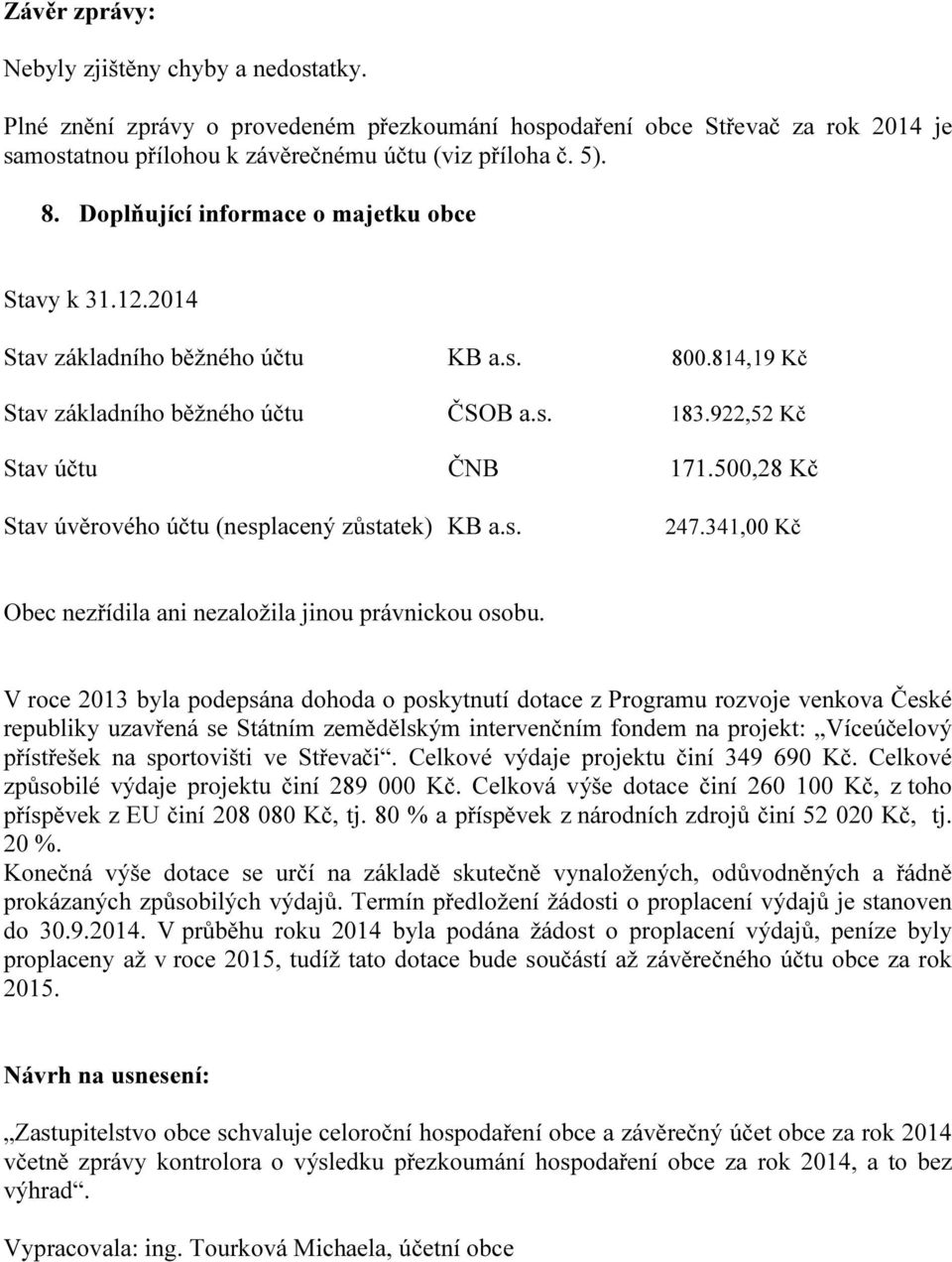 500,28 Kč Stav úvěrového účtu (nesplacený zůstatek) KB a.s. 247.341,00 Kč Obec nezřídila ani nezaložila jinou právnickou osobu.