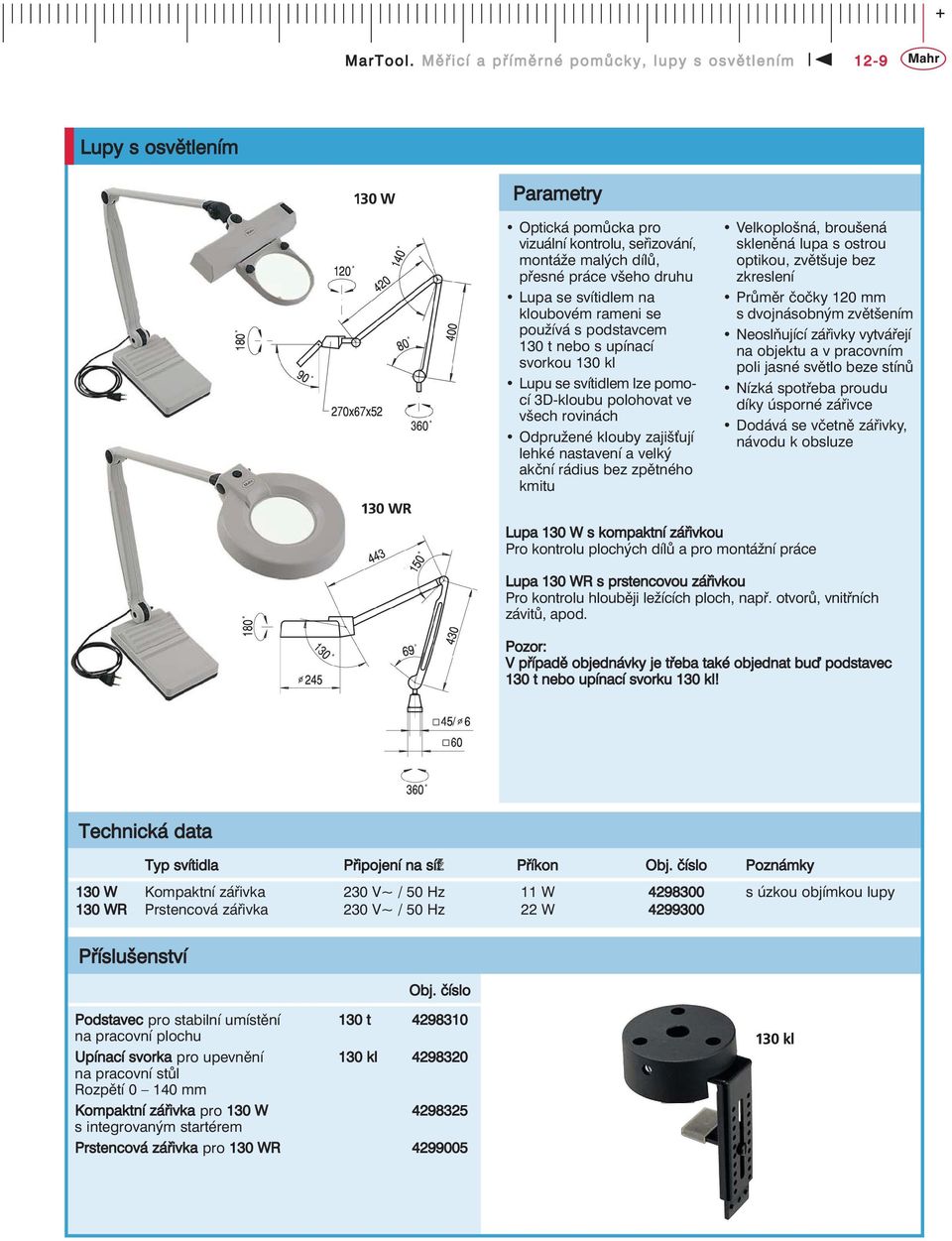 rameni se používá s podstavcem 130 t nebo s upínací svorkou 130 kl Lupu se svítidlem lze pomocí 3D-kloubu polohovat ve všech rovinách Odpružené klouby zajiš ují lehké nastavení a velký akční rádius