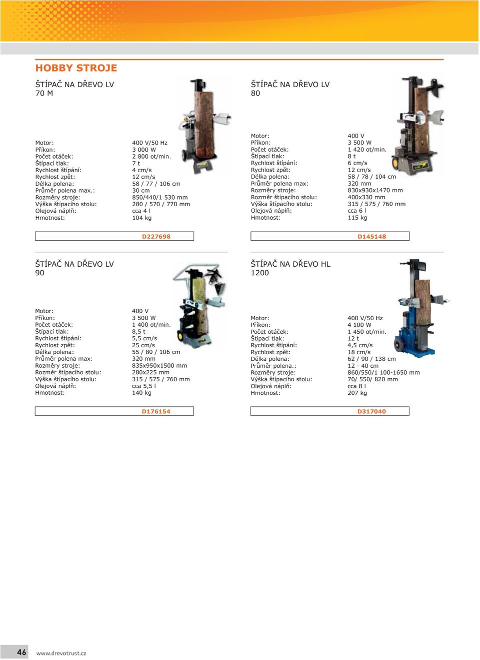 7 t 4 cm/s 12 cm/s 58 / 77 / 106 cm 30 cm 850/440/1 530 mm 280 / 570 / 770 mm cca 4 l 104 kg Štípací tlak: Rychlost štípání: Rychlost zp t: Délka polena: Pr m r polena max: Rozm r štípacího stolu:
