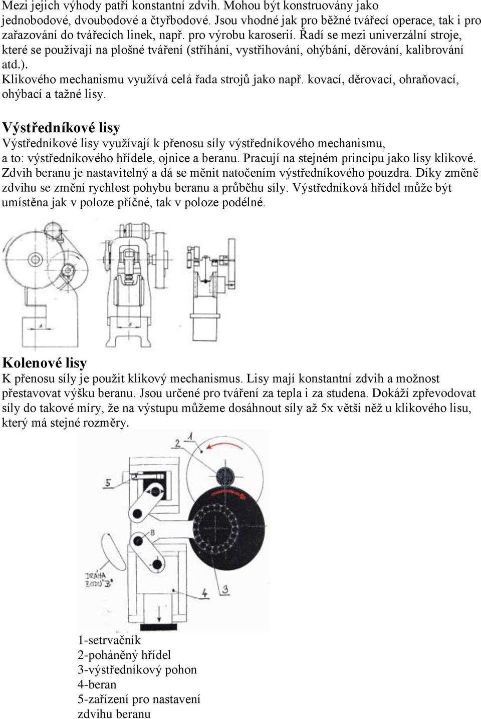 Klikového mechanismu využívá celá řada strojů jako např. kovací, děrovací, ohraňovací, ohýbací a tažné lisy.