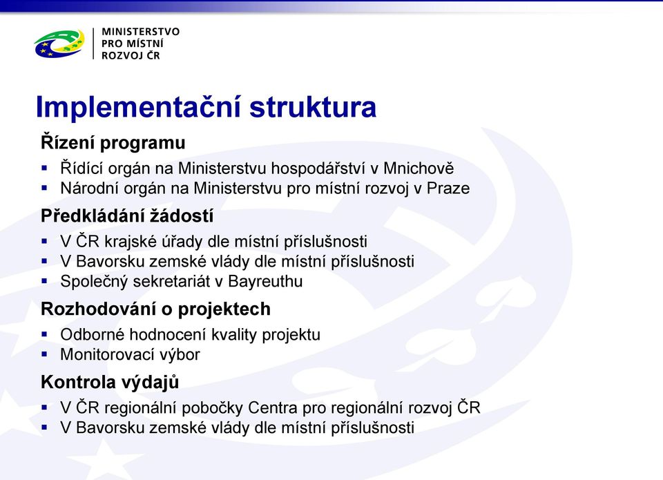 místní příslušnosti Společný sekretariát v Bayreuthu Rozhodování o projektech Odborné hodnocení kvality projektu