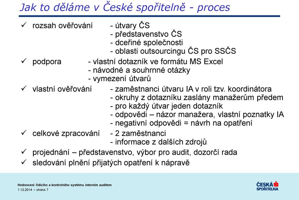 koordinátora - okruhy z dotazníku zaslány manažerům předem - pro každý útvar jeden dotazník - odpovědi názor manažera, vlastní poznatky IA celkové