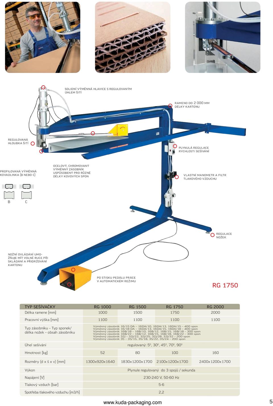 kartonu po stisku pedálu práce v automatickém režimu RG 1750 TYP SEŠÍVAČKY RG 1000 RG 1500 RG 1750 RG 2000 Délka ramene [mm] 1000 1500 1750 2000 Pracovní výška [mm] 1100 1100 1100 1100 Typ zásobníku