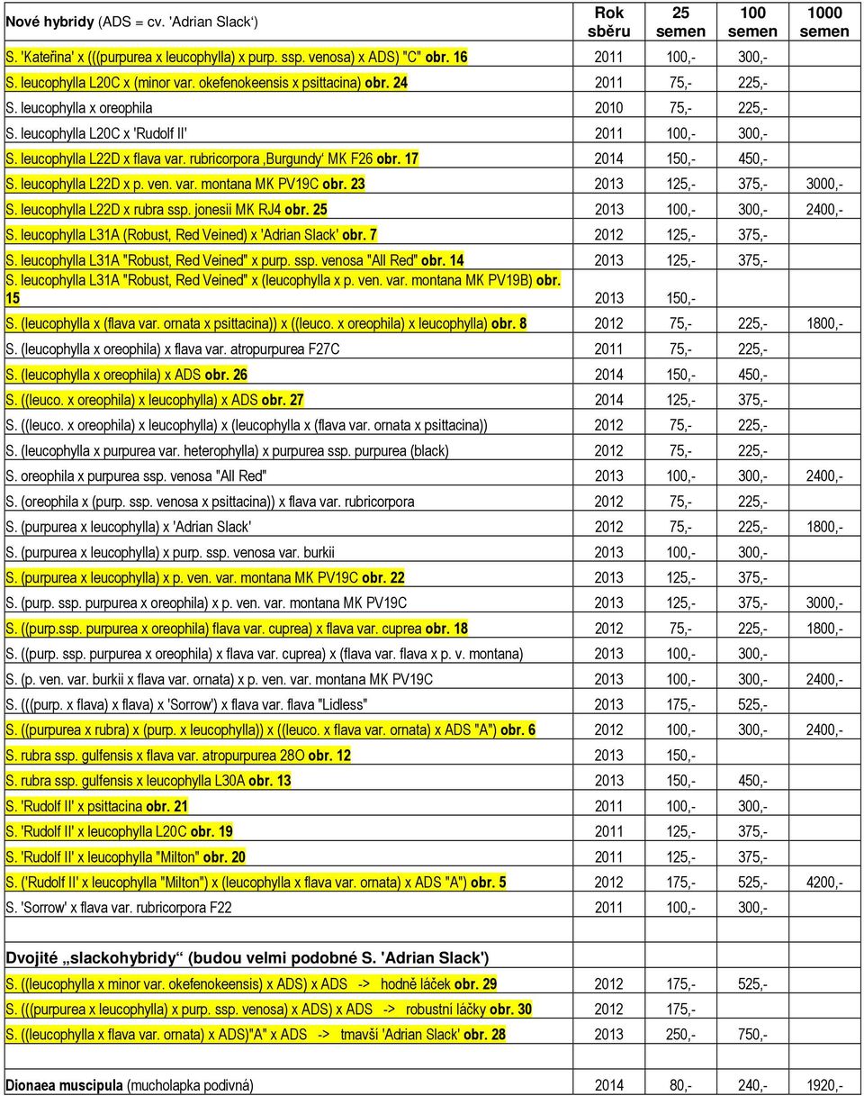 rubricorpora Burgundy MK F26 obr. 17 2014 150,- 450,- 1000 S. leucophylla L22D x p. ven. var. montana MK PV19C obr. 23 2013 125,- 375,- 3000,- S. leucophylla L22D x rubra ssp. jonesii MK RJ4 obr.