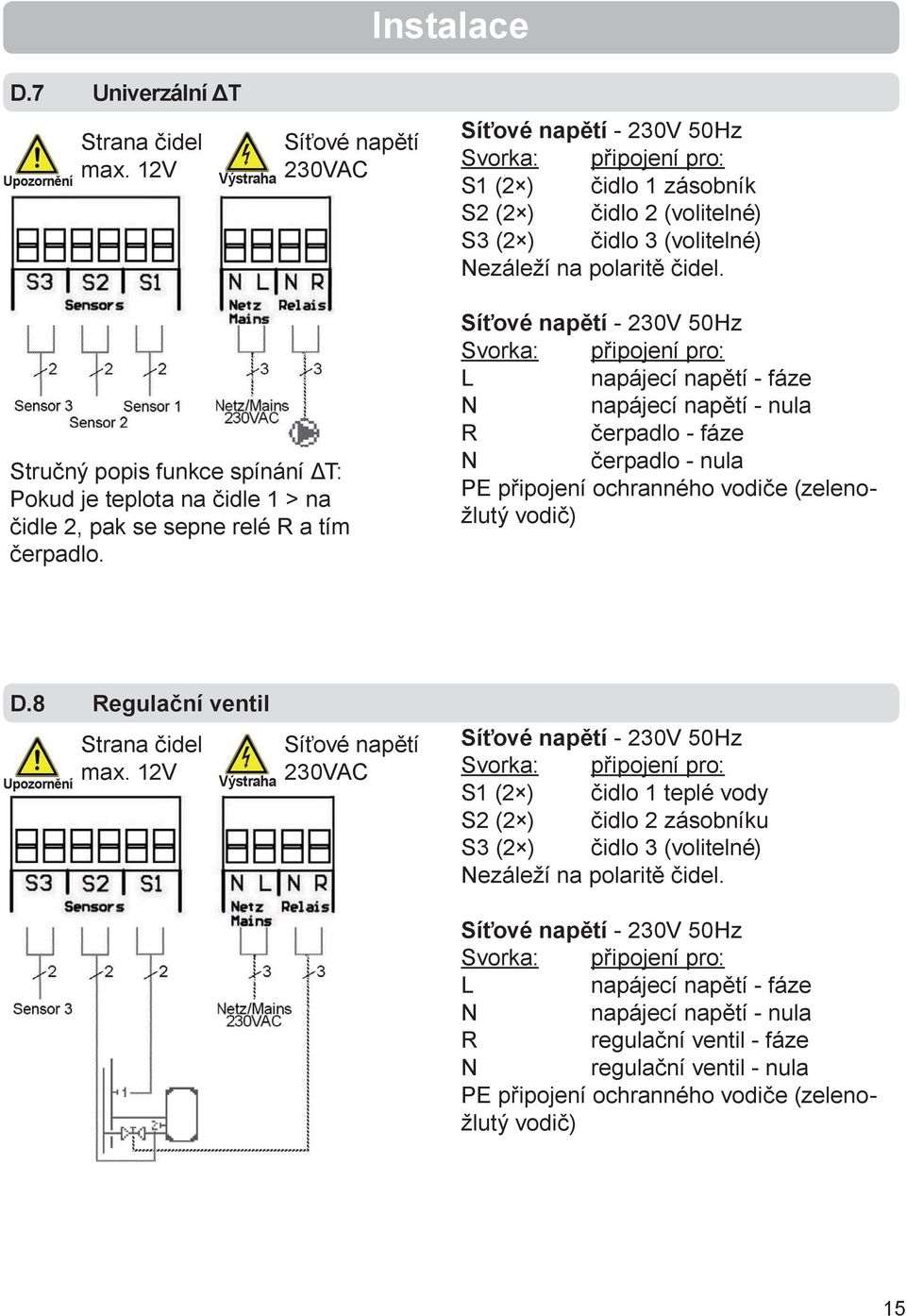 Síťové napětí - 230V 50Hz Svorka: připojení pro: L napájecí napětí - fáze N napájecí napětí - nula R čerpadlo - fáze N čerpadlo - nula PE připojení ochranného vodiče (zelenožlutý vodič) D.