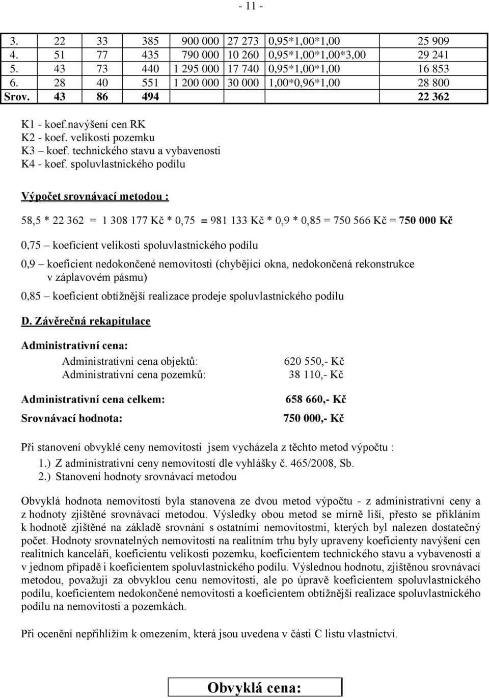 spoluvlastnického podílu Výpočet srovnávací metodou : 58,5 * 22 362 = 1 308 177 Kč * 0,75 = 981 133 Kč * 0,9 * 0,85 = 750 566 Kč = 750 000 Kč 0,75 koeficient velikosti spoluvlastnického podílu 0,9