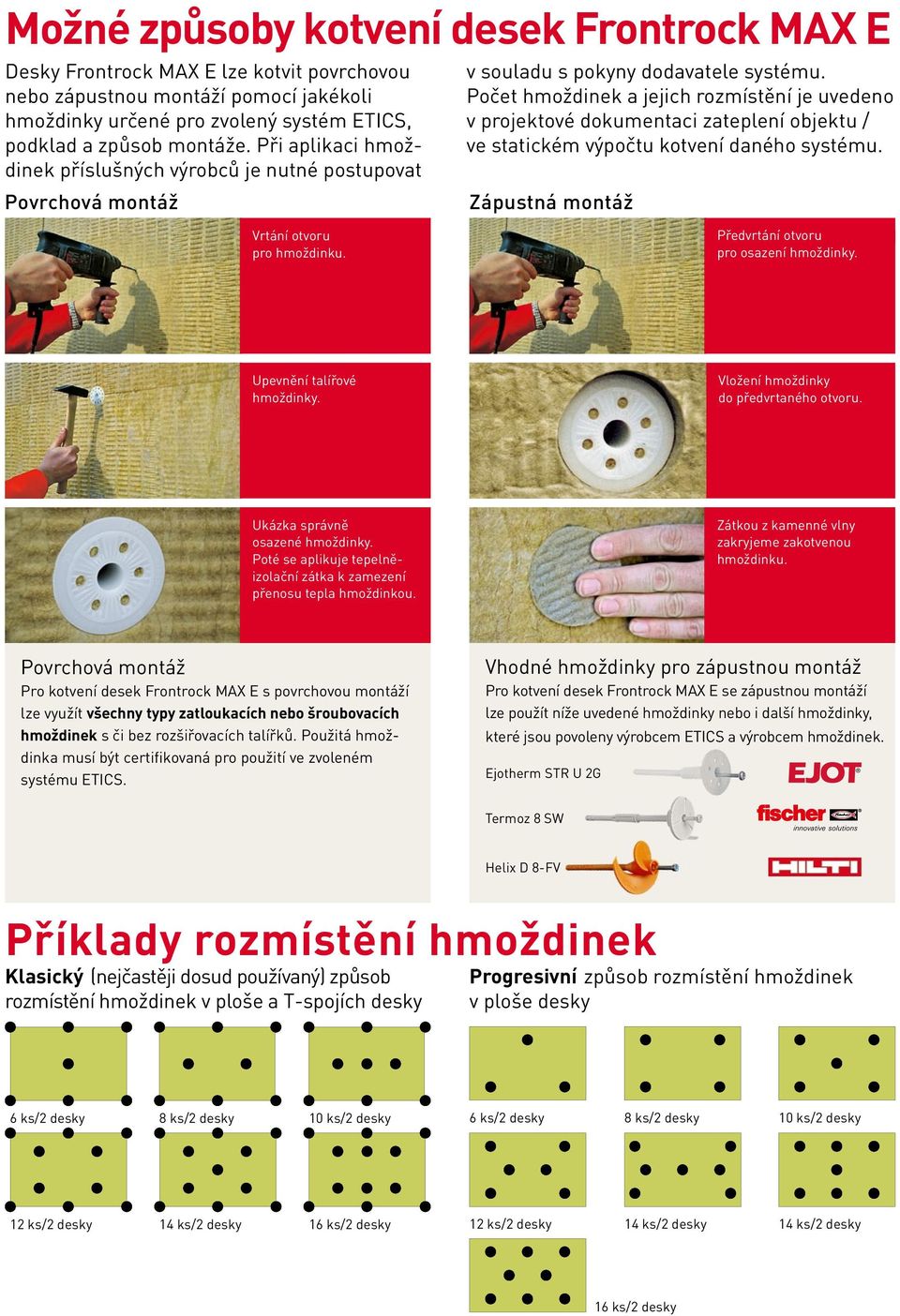 Počet hmoždinek a jejich rozmístění je uvedeno v projektové dokumentaci zateplení objektu / ve statickém výpočtu kotvení daného systému. Zápustná montáž Vrtání otvoru pro hmoždinku.