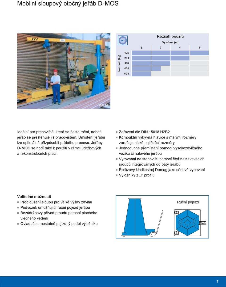 Zařazení dle DIN 15018 H2B2 Kompaktní výkyvná hlavice s malými rozměry zaručuje nízké najížděcí rozměry Jednoduché přemístění pomocí vysokozdvižného vozíku či halového jeřábu Vyrovnání na stanovišti