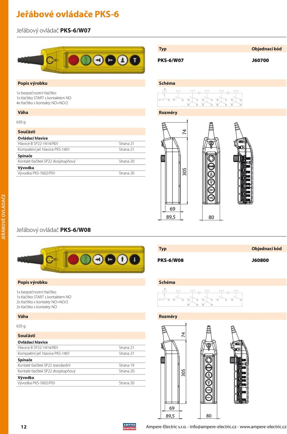 hlavice PKS-0 Strana Kontakt tlačítek SP dvojstupňový Strana 0 PKS-760/P0 Strana 0 05 Jeřábový ovládač PKS-6/W08 PKS-6/W08 J600 x tlačítko START s kontaktem NO