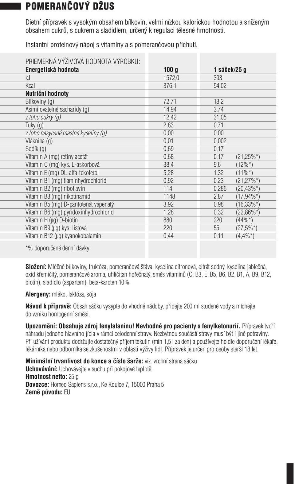 mastné kyseliny (g) 0,00 0,00 Vláknina (g) 0,01 0,002 Sodík (g) 0,69 0,17 Vitamin A (mg) retinylacetát 0,68 0,17 (21,25%*) Vitamin C (mg) kys.