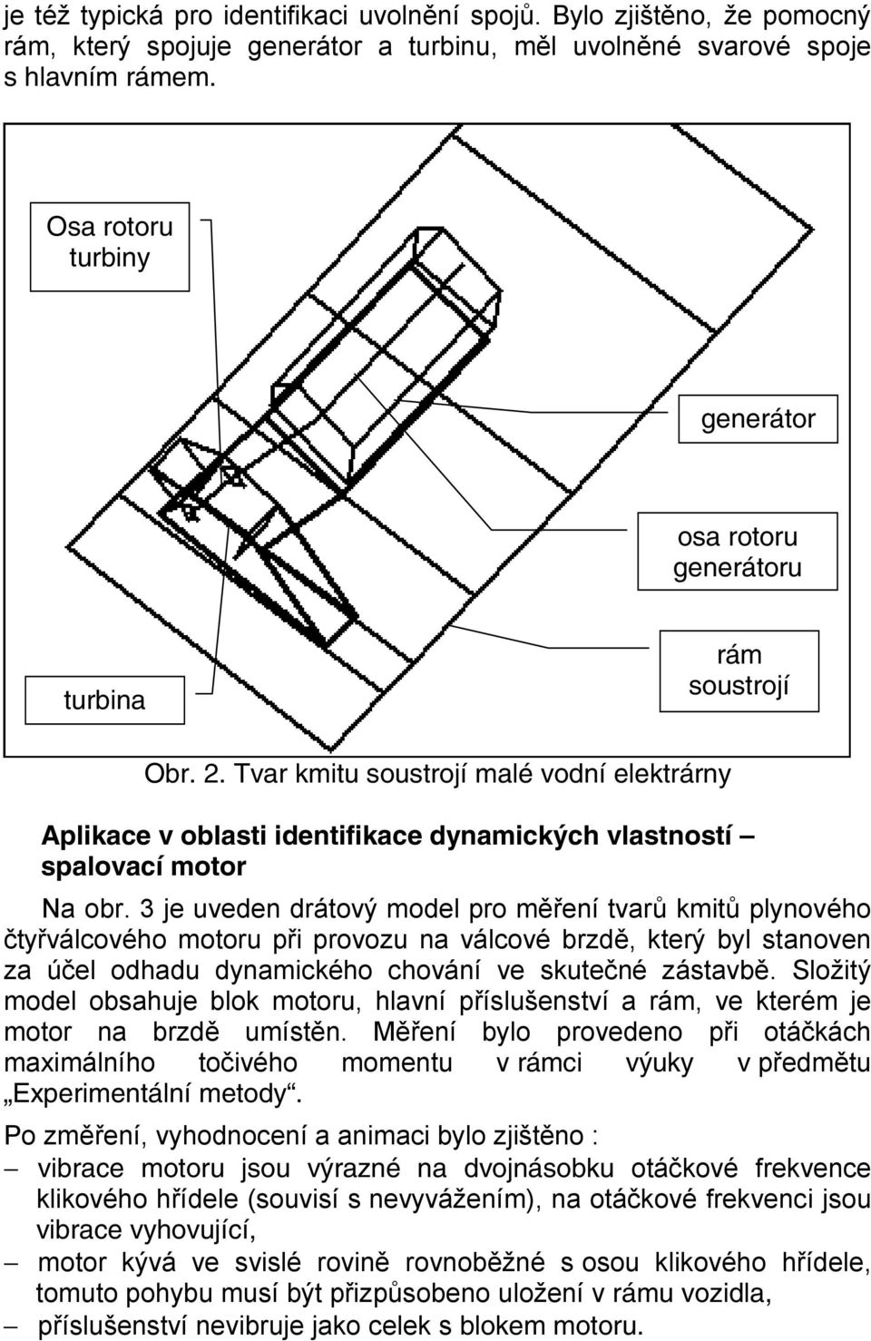 Tvar kmitu soustrojí malé vodní elektrárny Aplikace v oblasti identifikace dynamických vlastností spalovací motor Na obr.