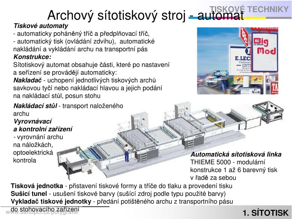 podání na nakládací stůl, posun stohu Nakládací stůl - transport naloženého archu Vyrovnávací a kontrolní zařízení - vyrovnání archu na náložkách, optoelektrická kontrola v řadě za sebou Tisková