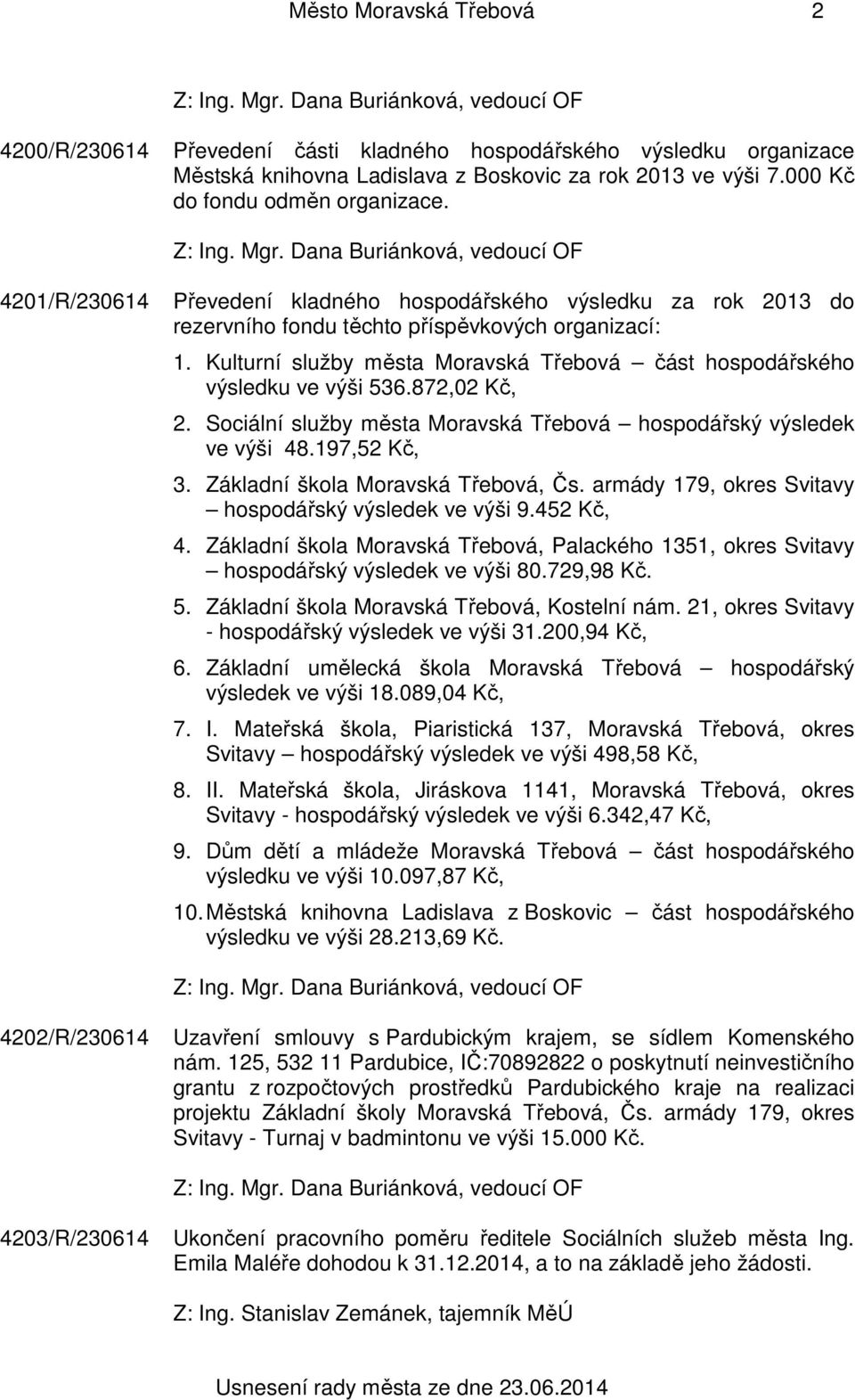 Kulturní služby města Moravská Třebová část hospodářského výsledku ve výši 536.872,02 Kč, 2. Sociální služby města Moravská Třebová hospodářský výsledek ve výši 48.197,52 Kč, 3.