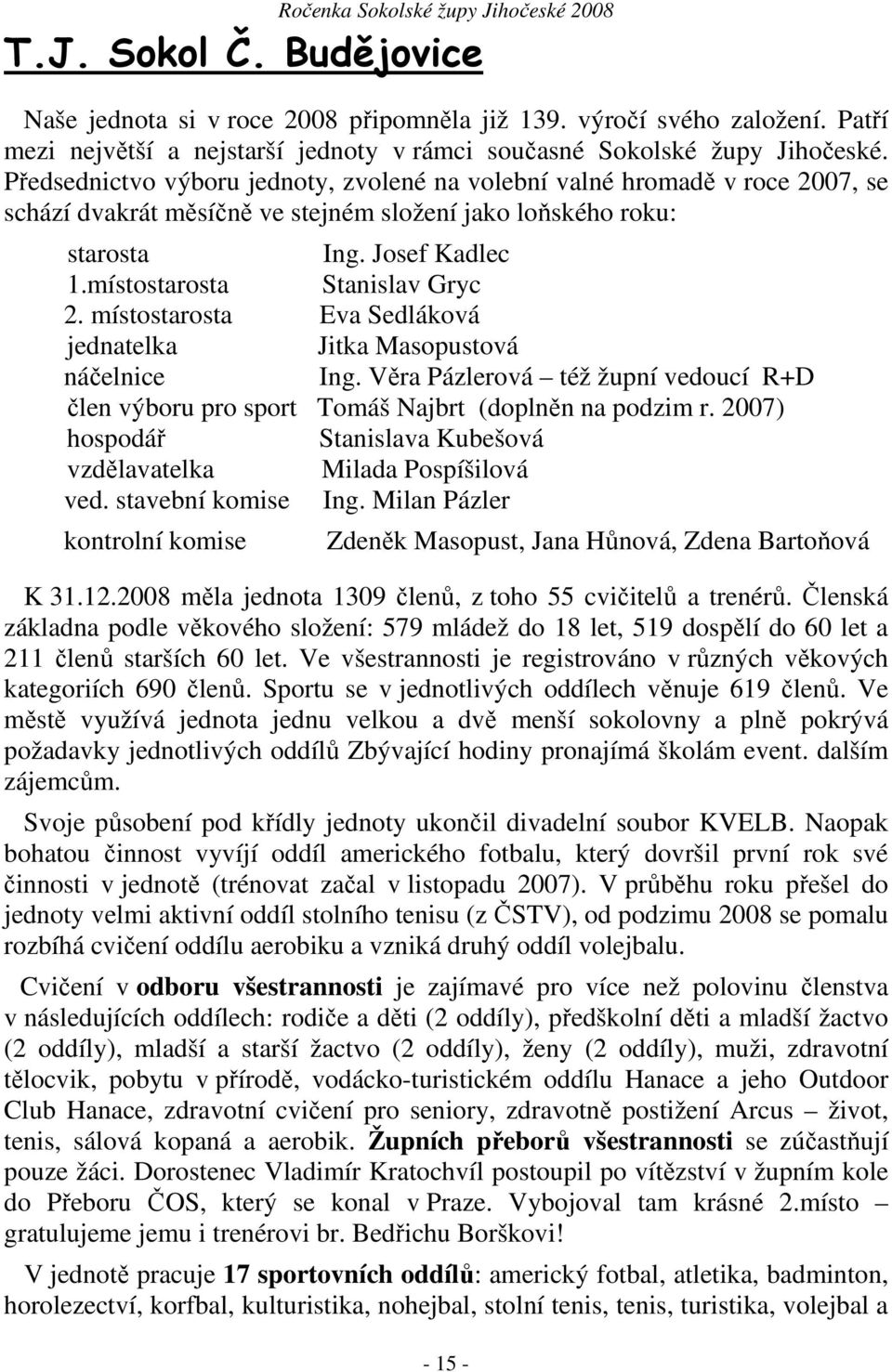 místostarosta Stanislav Gryc 2. místostarosta Eva Sedláková jednatelka Jitka Masopustová náčelnice Ing. Věra Pázlerová též župní vedoucí R+D člen výboru pro sport Tomáš Najbrt (doplněn na podzim r.
