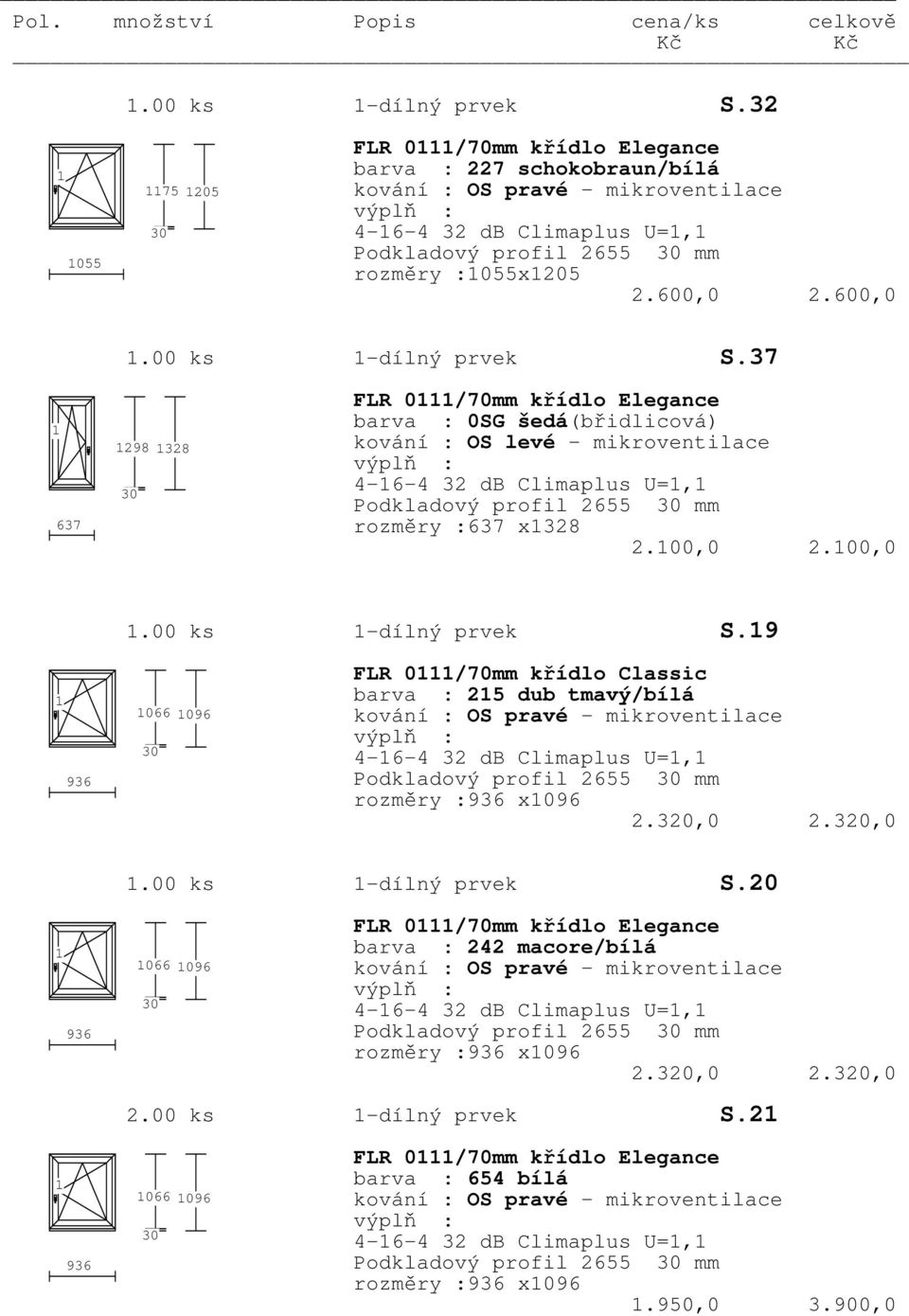 320,0 2.320,0 2.00 ks -dílný prvek S.2 066 096 FLR 0/70mm křídlo Elegance 4-6-4 32 db Climaplus U=, Podkladový profil 2655 mm rozměry : x096.950,0 3.900,0