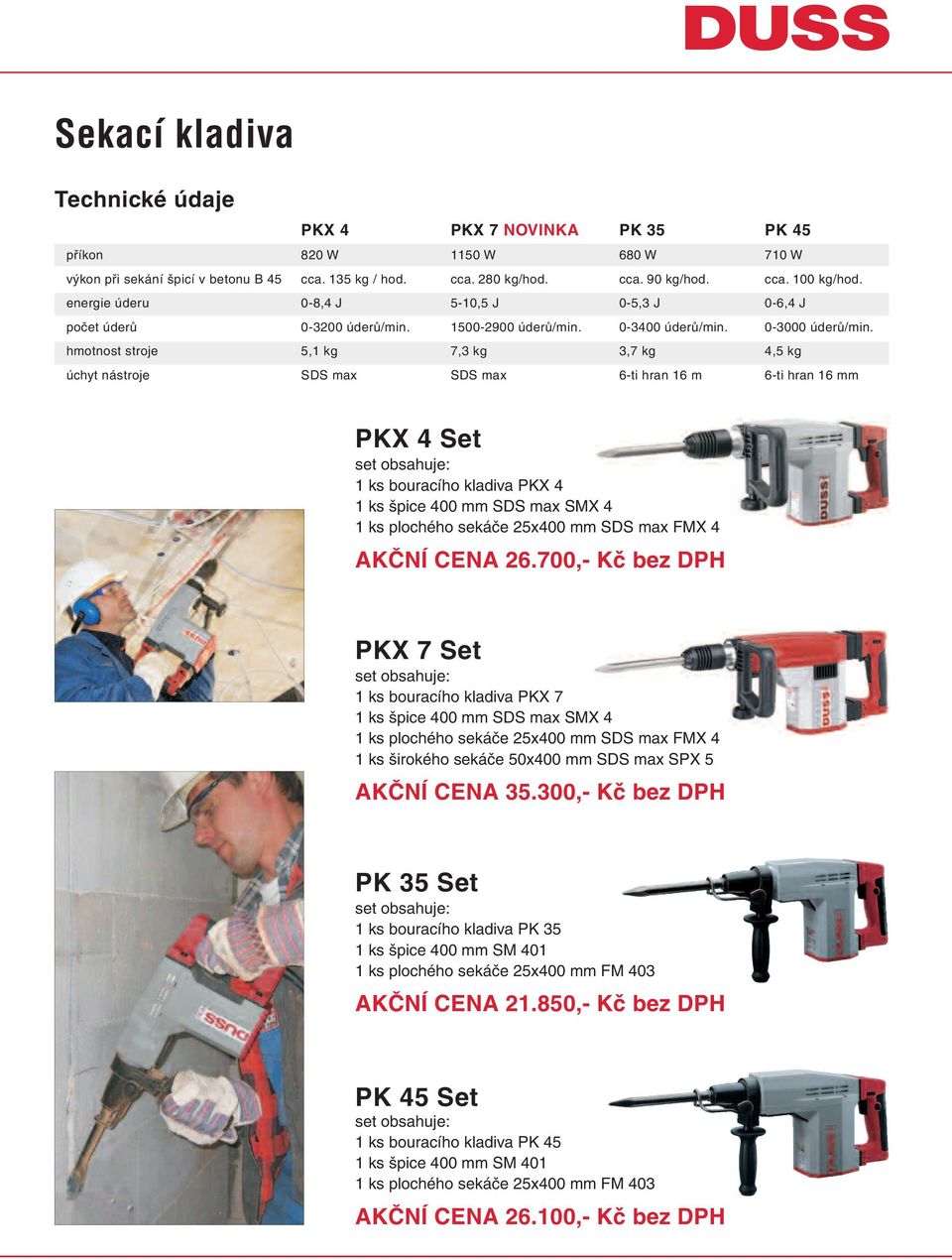 hmotnost stroje 5,1 kg 7,3 kg 3,7 kg 4,5 kg úchyt nástroje SDS max SDS max 6-ti hran 16 m 6-ti hran 16 mm PKX 4 Set 1 ks bouracího kladiva PKX 4 1 ks špice 400 mm SDS max SMX 4 1 ks plochého sekáče