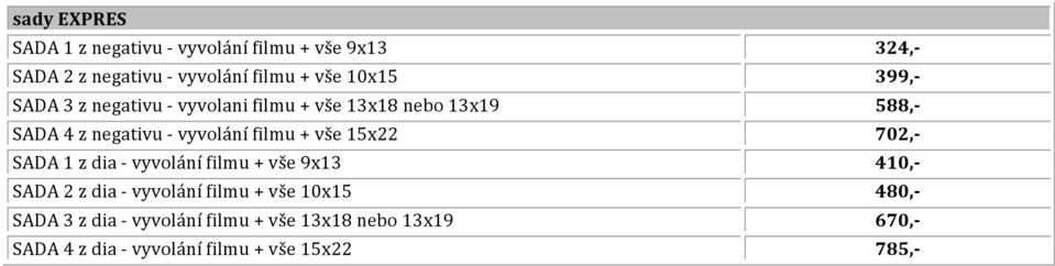 SADA 1 z dia - vyvolání filmu + vše 9x13 SADA 2 z dia - vyvolání filmu + vše 10x15 SADA 3 z dia - vyvolání