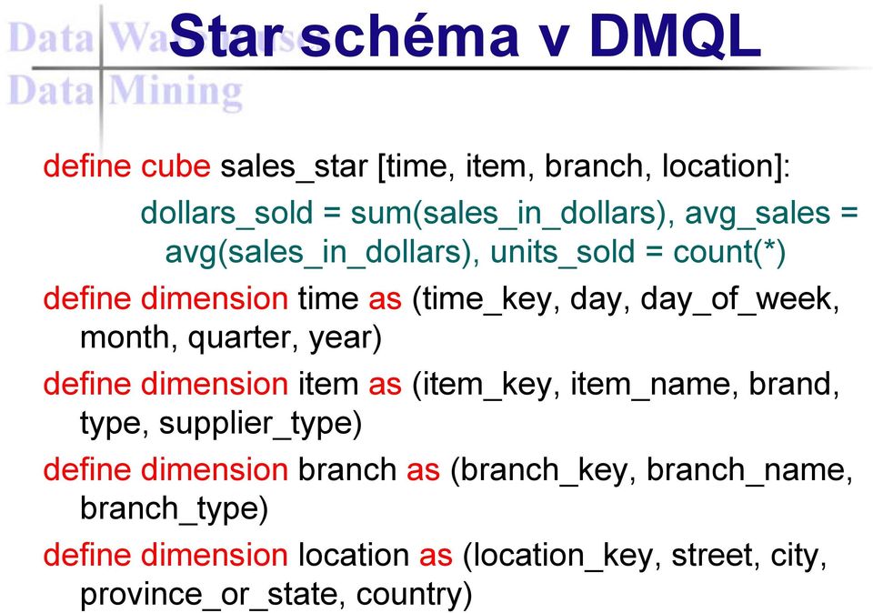 quarter, year) define dimension item as (item_key, item_name, brand, type, supplier_type) define dimension branch as