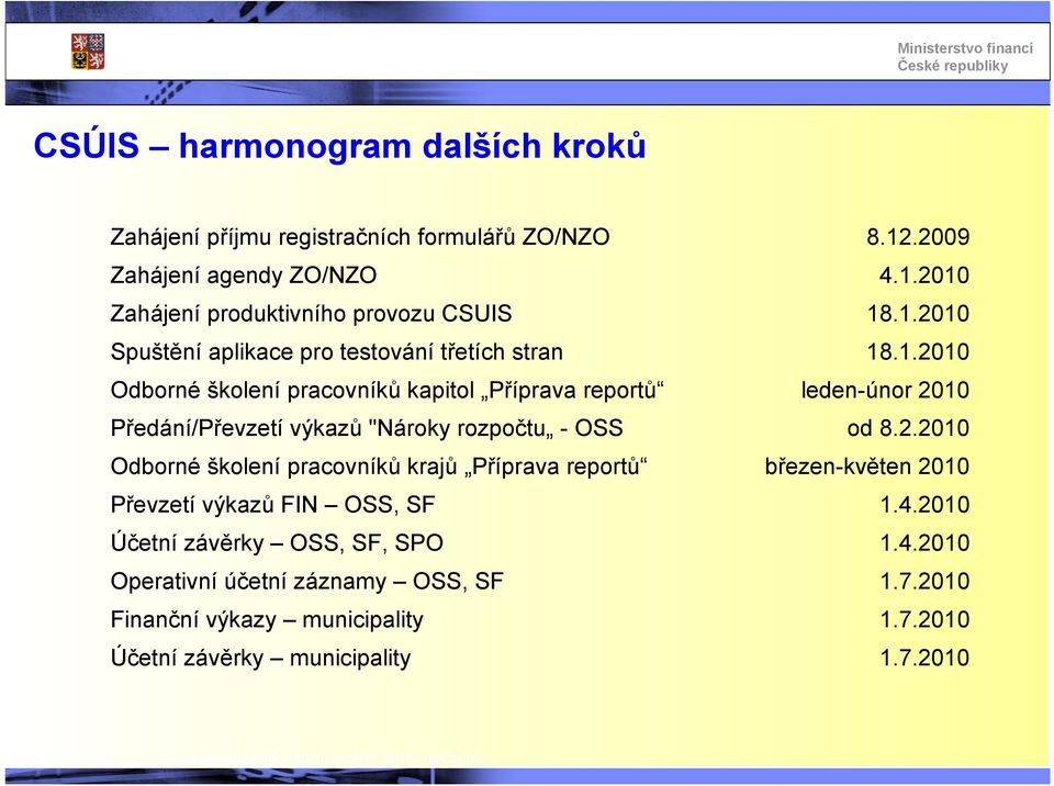 2.2010 Odborné školení pracovníků krajů Příprava reportů březen-květen 2010 Převzetí výkazů FIN OSS, SF 1.4.2010 Účetní závěrky OSS, SF, SPO 1.4.2010 Operativní účetní záznamy OSS, SF 1.