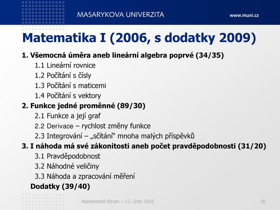 1 Funkce a její graf 2.2 Derivace rychlost změny funkce 2.3 Integrování sčítání mnoha malých příspěvků 3.