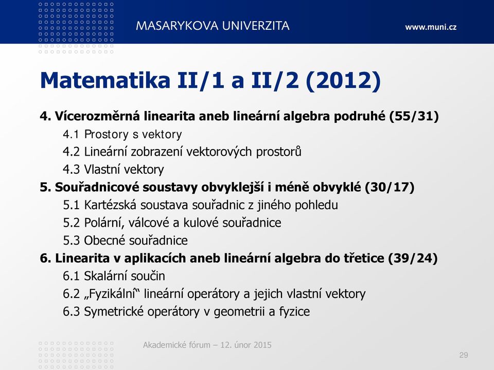 1 Kartézská soustava souřadnic z jiného pohledu 5.2 Polární, válcové a kulové souřadnice 5.3 Obecné souřadnice 6.